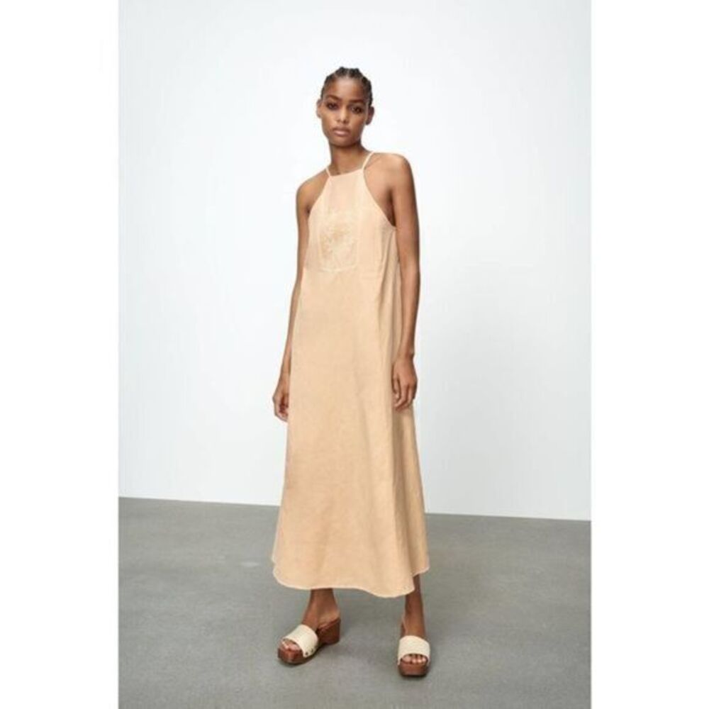 ZARA NWT Embroidered Linen Blend Maxi Dress MEDIUM